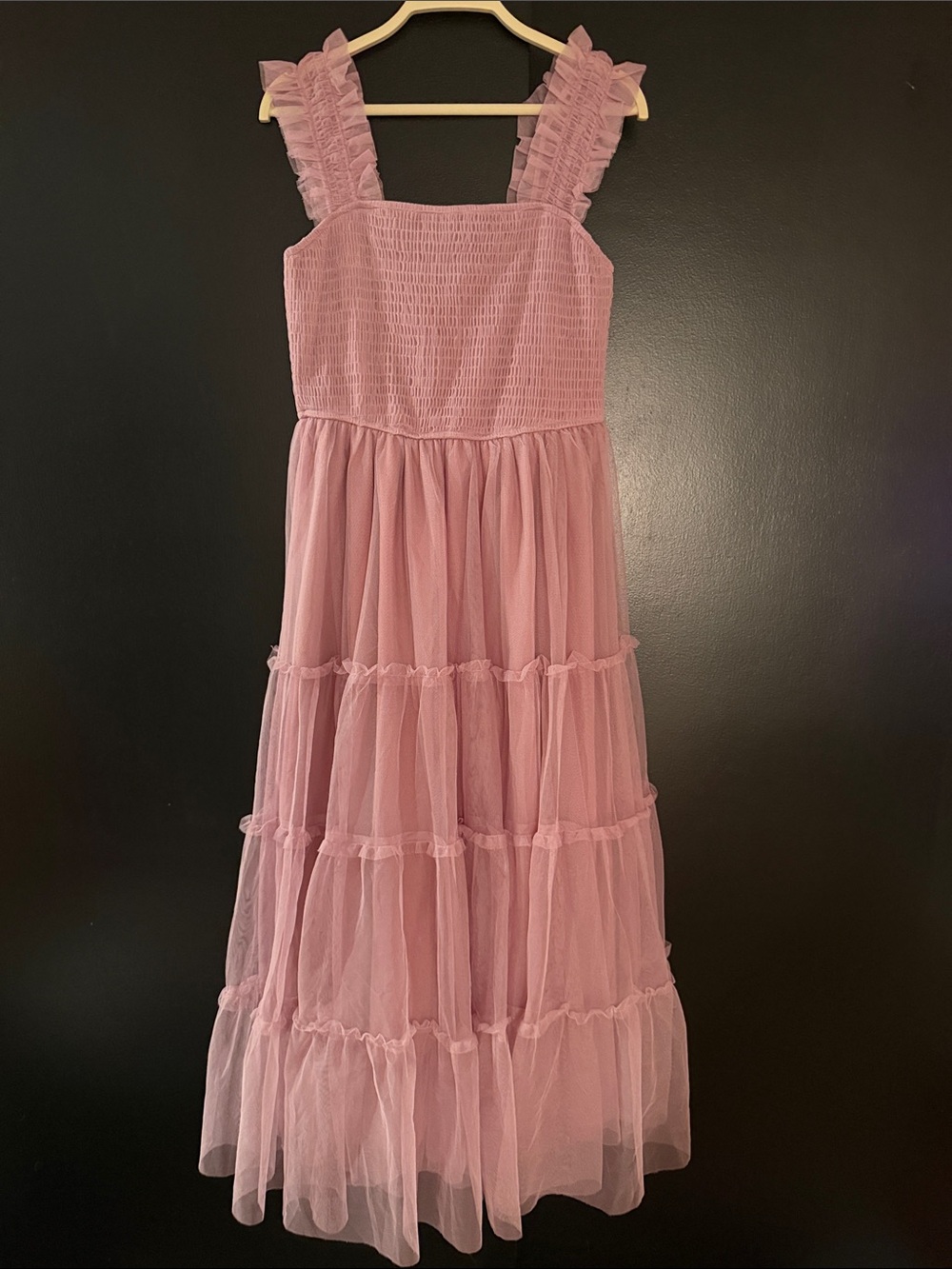 Smocked Tiered Midi Dress in Dusty Pink